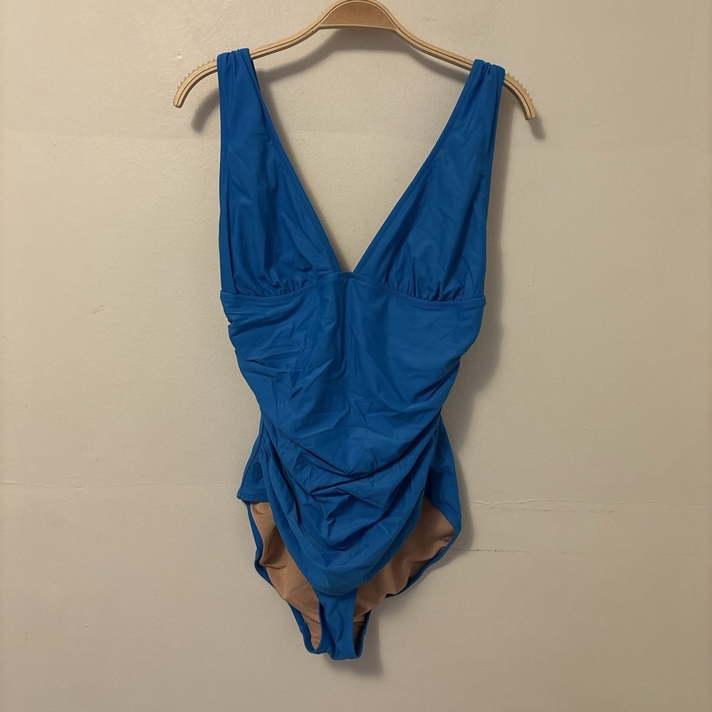 J.Crew One-Piece Swimsuit Bathing‎ Suit V-Neck Ruched 12 Blue Vacation